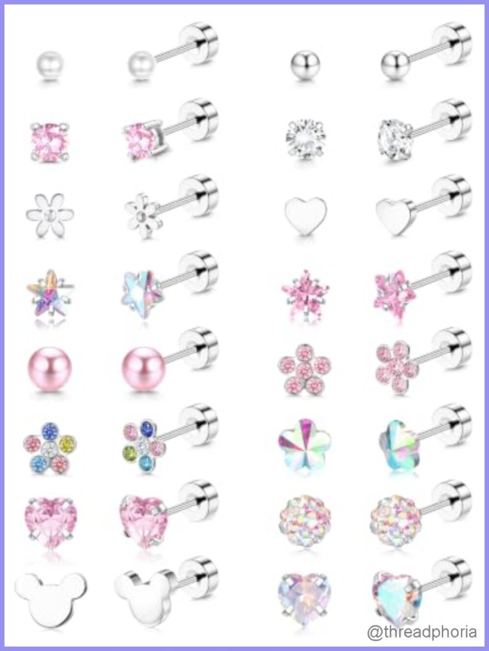 16 Pairs Flat Back Stud Earrings 316L Surgical Steel CZ Hypoallergenic